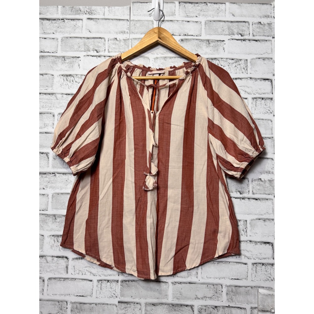 Knox Rose Womens XS Beige Red Striped Cotton Puff Sleeve Peasant Top NWT